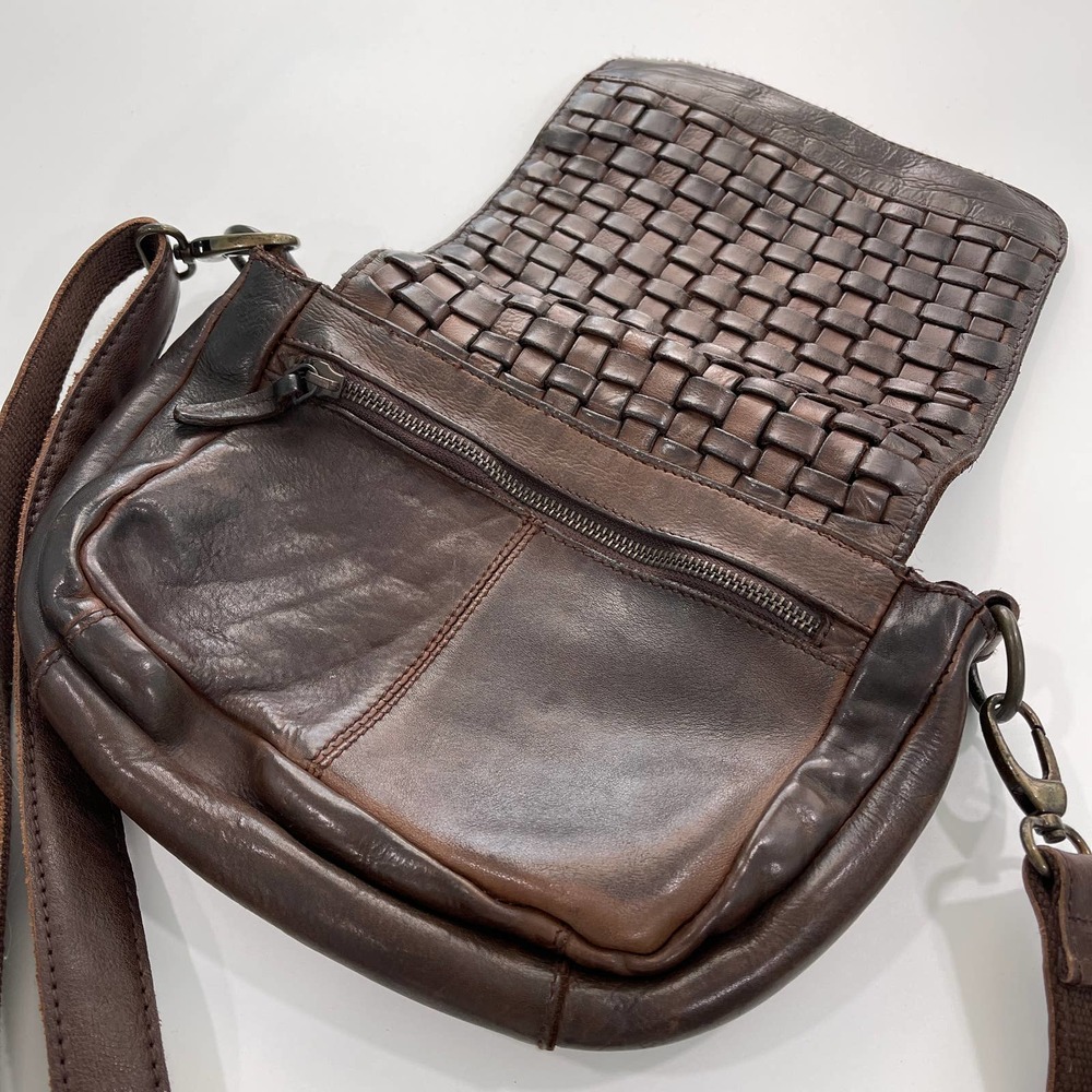 Brown Woven Leather Adjustable Strap Small Crossbody Purse Bag Distressed Travel - Picture 13 of 16